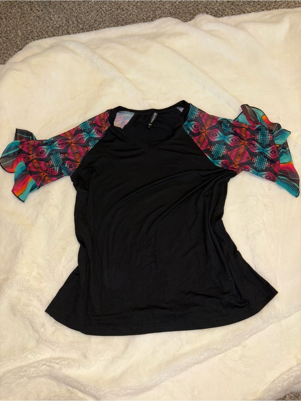 Crazy Train Black Tee with Multicolor Ruffle Sleeve Accents